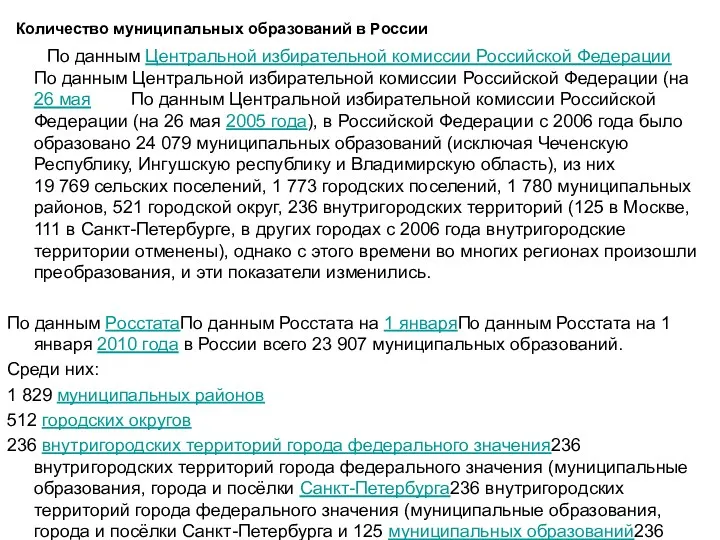 Количество муниципальных образований в России По данным Центральной избирательной комиссии