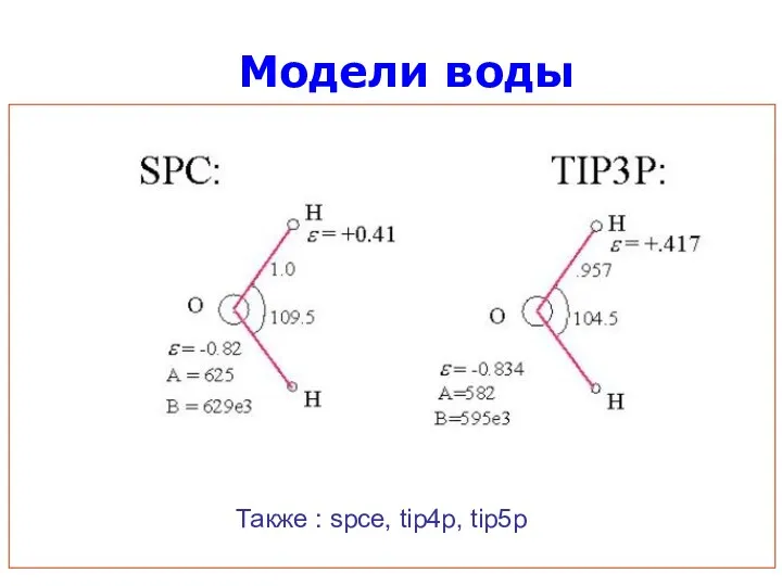 Модели воды Также : spce, tip4p, tip5p