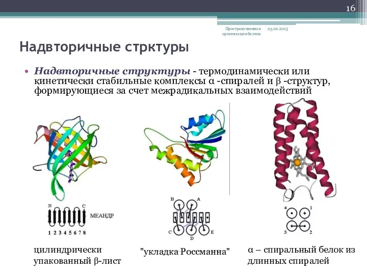 Надвторичные стрктуры Надвторичные структуры - термодинамически или кинетически стабильные комплексы α -спиралей и