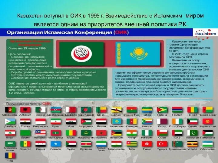 Казахстан вступил в ОИК в 1995 г. Взаимодействие с Исламским