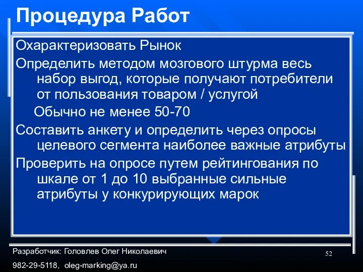 Процедура Работ Охарактеризовать Рынок Определить методом мозгового штурма весь набор