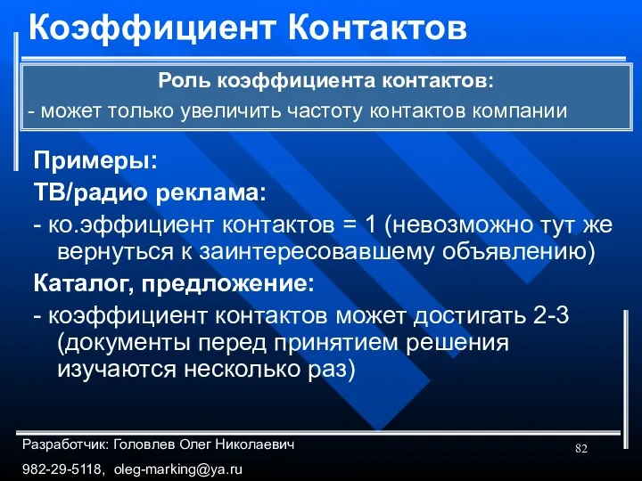 Коэффициент Контактов Примеры: ТВ/радио реклама: - ко.эффициент контактов = 1