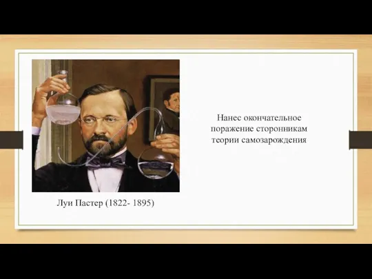 Луи Пастер (1822- 1895) Нанес окончательное поражение сторонникам теории самозарождения