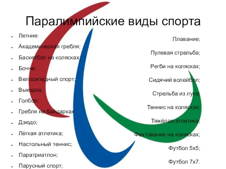 Паралимпийские виды спорта Летние: Академическая гребля; Баскетбол на колясках; Бочче;