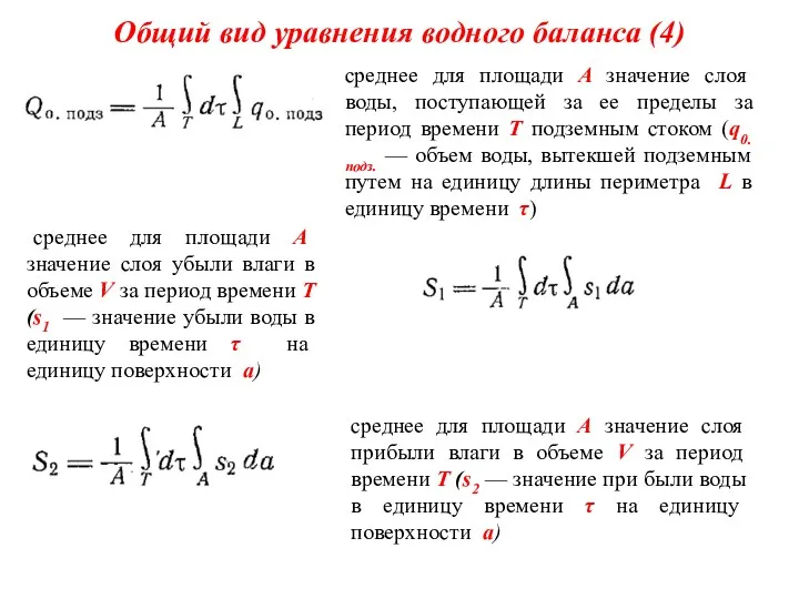 Общий вид уравнения водного баланса (4) среднее для площади A