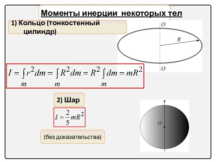 Моменты инерции некоторых тел 1) Кольцо (тонкостенный цилиндр) 2) Шар (без доказательства)