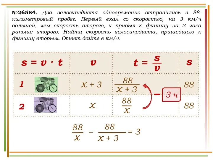 №26584. Два велосипедиста одновременно отправились в 88-километровый пробег. Первый ехал