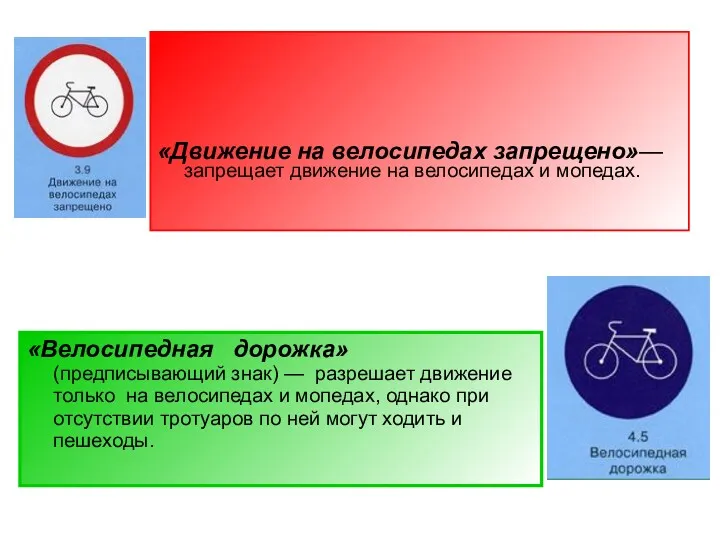 «Движение на велосипедах запрещено»— запрещает движение на велосипедах и мопедах. «Велосипедная дорожка» (предписывающий