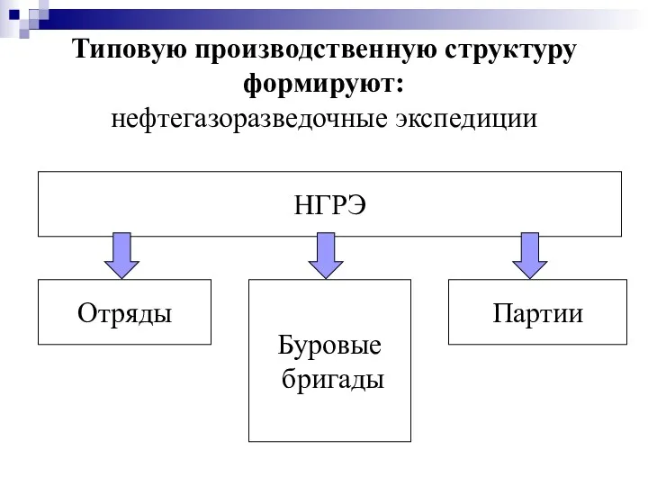 Типовую производственную структуру формируют: нефтегазоразведочные экспедиции НГРЭ Буровые бригады Отряды Партии