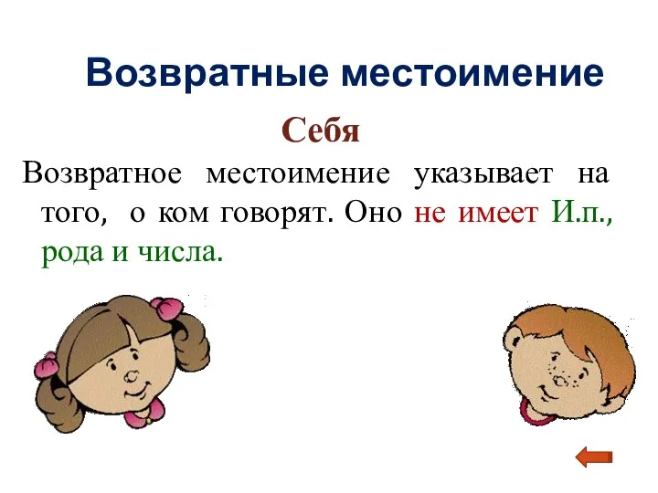 Возвратные местоимение Себя Возвратное местоимение указывает на того, о ком говорят. Оно не