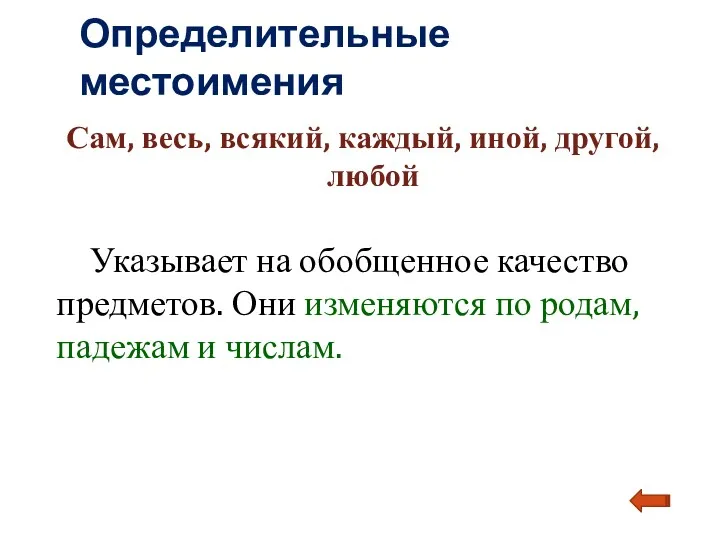 Определительные местоимения Сам, весь, всякий, каждый, иной, другой, любой Указывает на обобщенное качество