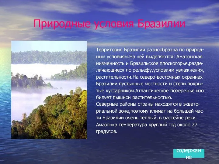 Природные условия Бразилии Территория Бразилии разнообразна по природ- ным условиям.На