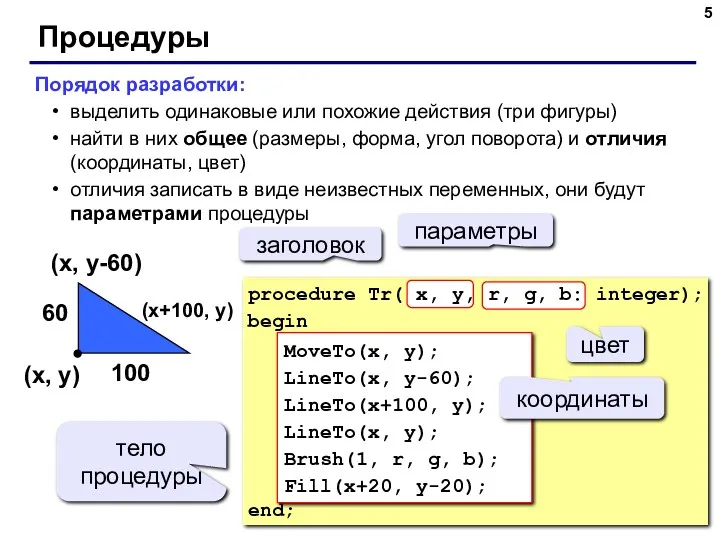 Процедуры Порядок разработки: выделить одинаковые или похожие действия (три фигуры)