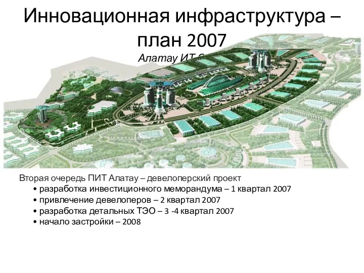 Инновационная инфраструктура – план 2007 Алатау ИТ Сити Вторая очередь