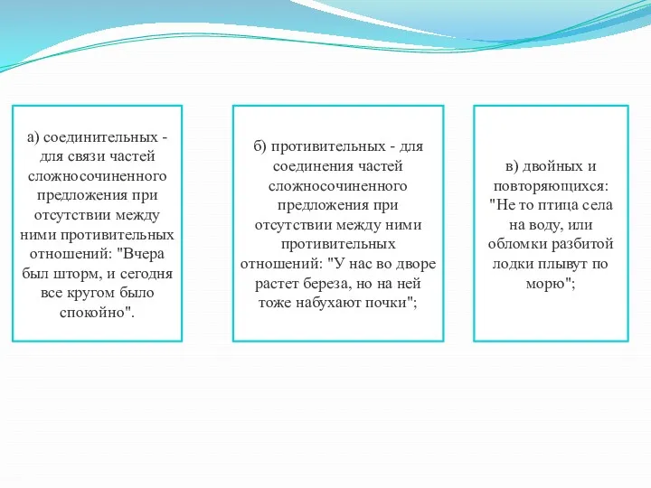 а) соединительных - для связи частей сложносочиненного предложения при отсутствии