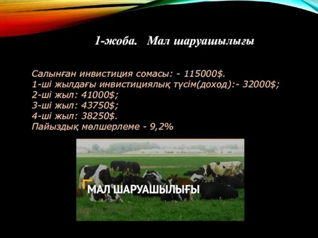 1-жоба. Мал шаруашылығы Салынған инвистиция сомасы: - 115000$. 1-ші жылдағы