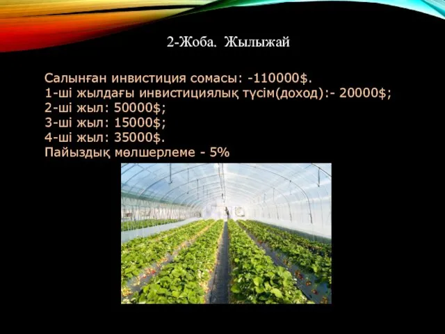 2-Жоба. Жылыжай Салынған инвистиция сомасы: -110000$. 1-ші жылдағы инвистициялық түсім(доход):-