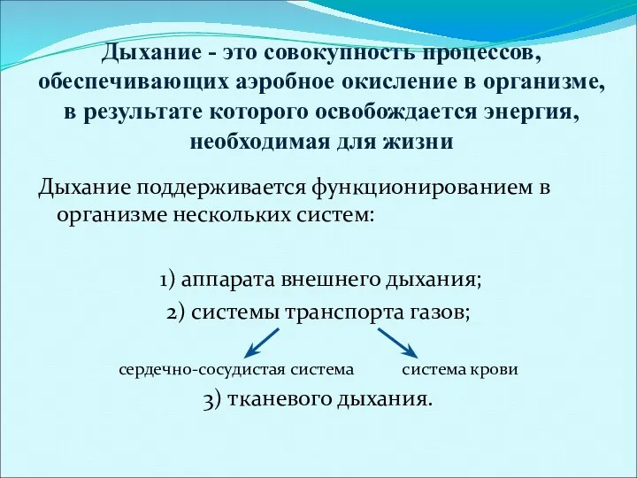 Дыхание - это совокупность процессов, обеспечивающих аэробное окисление в организме,