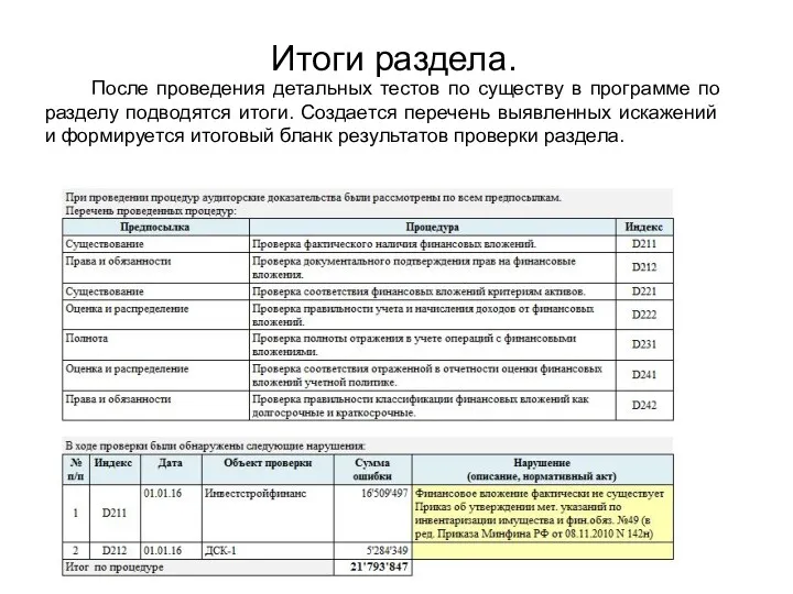 Итоги раздела. После проведения детальных тестов по существу в программе