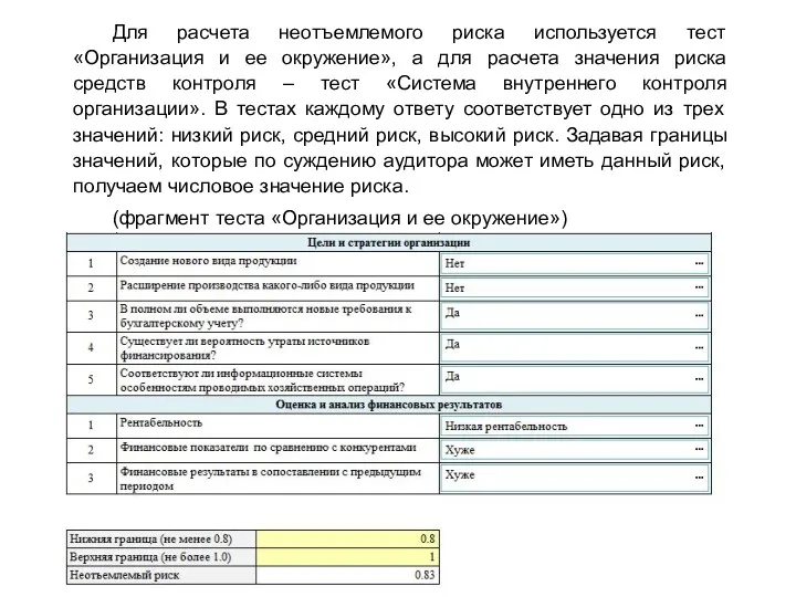 Для расчета неотъемлемого риска используется тест «Организация и ее окружение»,