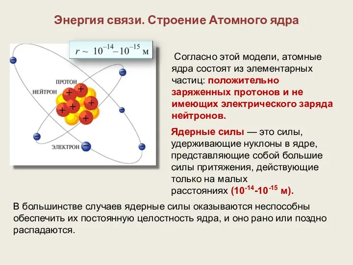 Согласно этой модели, атомные ядра состоят из элементарных частиц: положительно