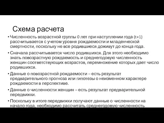 Схема расчета Численность возрастной группы 0 лет при наступлении года