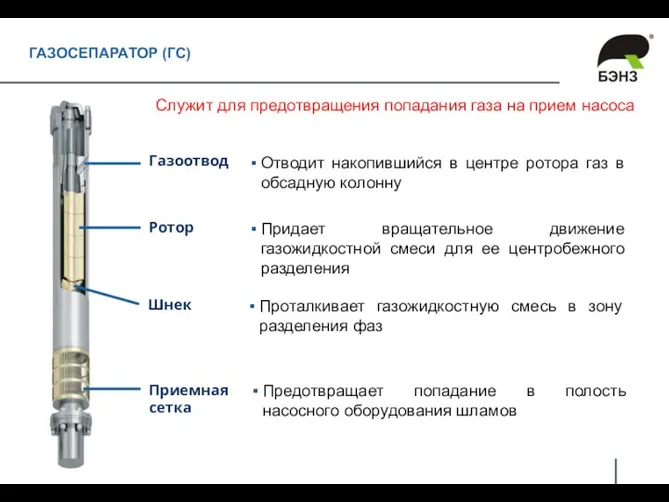 ГАЗОСЕПАРАТОР (ГС) Ротор Шнек Приемная сетка Газоотвод Служит для предотвращения