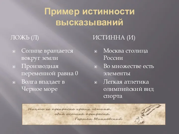 Пример истинности высказываний ЛОЖЬ (Л) ИСТИННА (И) Солнце вращается вокруг