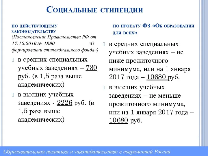 Социальные стипендии по действующему законодательству (Постановление Правительства РФ от 17.12.2016