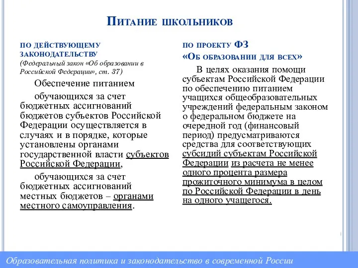 Питание школьников по действующему законодательству (Федеральный закон «Об образовании в