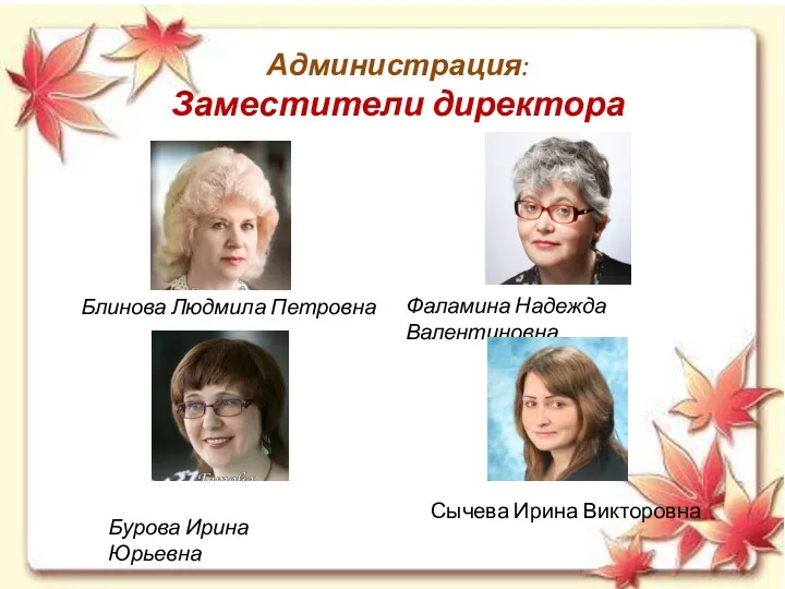 Администрация: Заместители директора Фаламина Надежда Валентиновна Бурова Ирина Юрьевна Блинова Людмила Петровна Сычева Ирина Викторовна