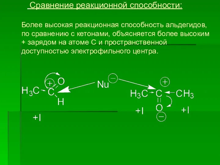 Сравнение реакционной способности: Более высокая реакционная способность альдегидов, по сравнению с кетонами, объясняется