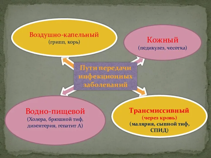 Пути передачи инфекционных заболеваний Воздушно-капельный (грипп, корь) Кожный (педикулез, чесотка)