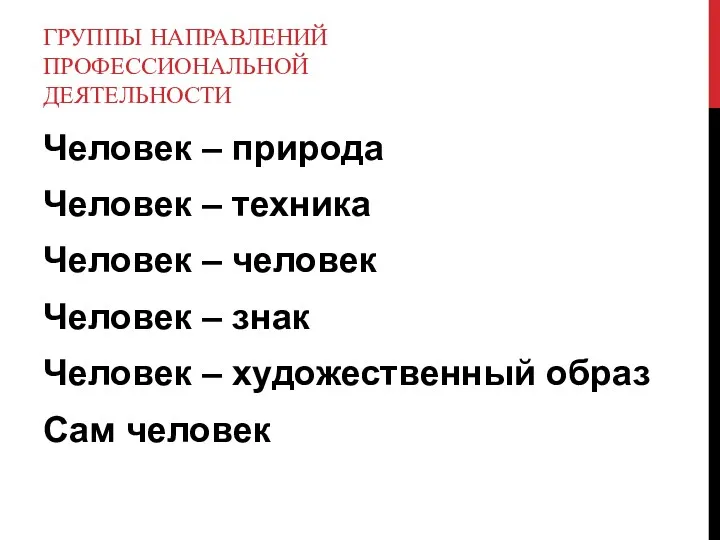 ГРУППЫ НАПРАВЛЕНИЙ ПРОФЕССИОНАЛЬНОЙ ДЕЯТЕЛЬНОСТИ Человек – природа Человек – техника