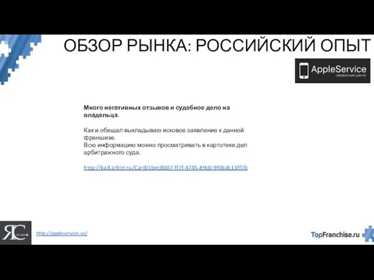 ОБЗОР РЫНКА: РОССИЙСКИЙ ОПЫТ http://appleservice.us/ Много негативных отзывов и судебное