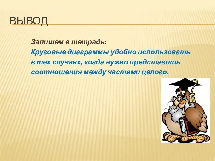 ВЫВОД Запишем в тетрадь: Круговые диаграммы удобно использовать в тех