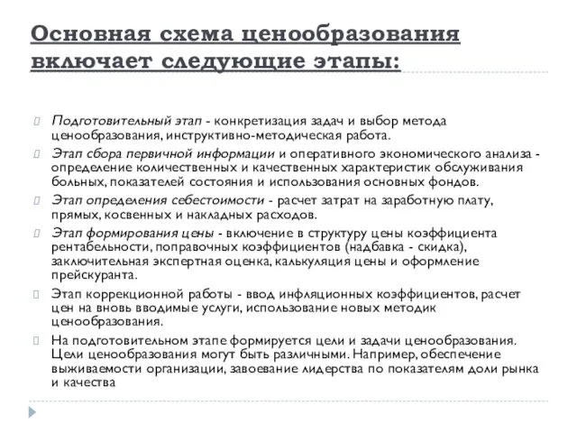 Основная схема ценообразования включает следующие этапы: Подготовительный этап - конкретизация