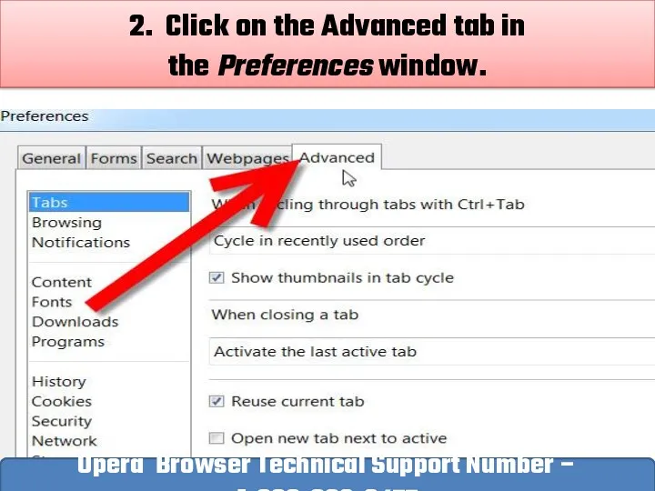 2. Click on the Advanced tab in the Preferences window. Opera Browser Technical