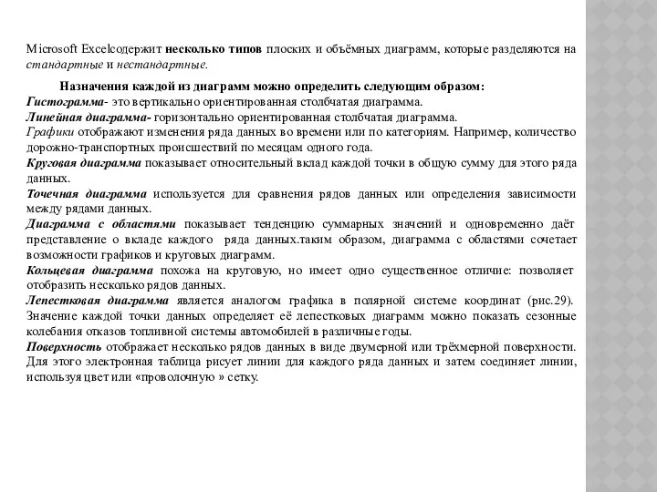 Microsoft Excelсодержит несколько типов плоских и объёмных диаграмм, которые разделяются