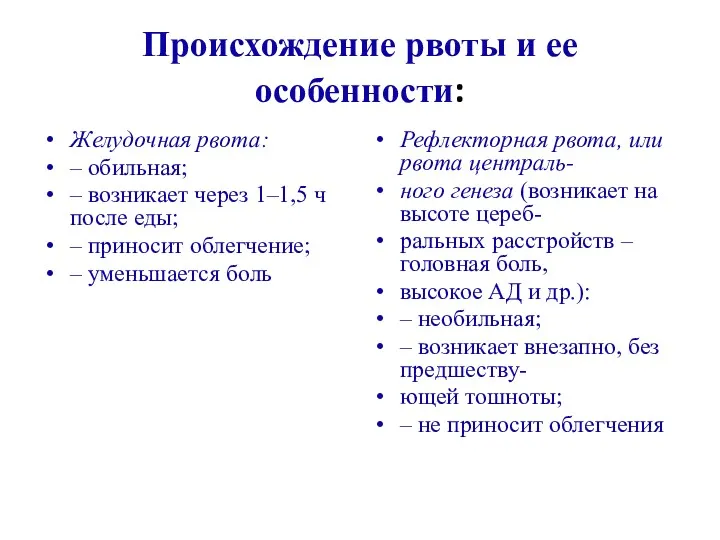 Происхождение рвоты и ее особенности: Желудочная рвота: – обильная; –