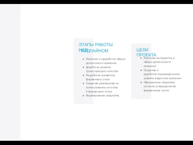 ЭТАПЫ РАБОТЫ НАД ГАЙДЛАЙНОМ Изучение и проработка сферы деятельности компании