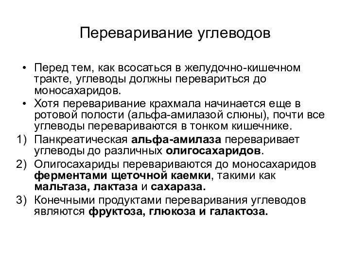 Переваривание углеводов Перед тем, как всосаться в желудочно-кишечном тракте, углеводы должны перевариться до