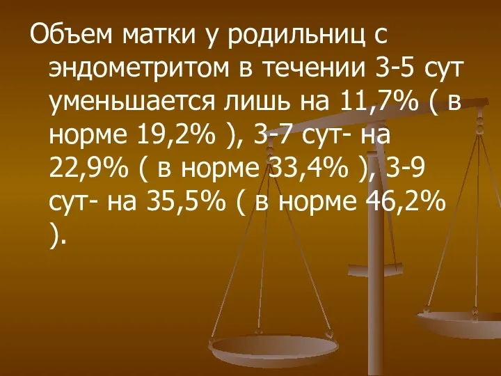 Объем матки у родильниц с эндометритом в течении 3-5 сут уменьшается лишь на