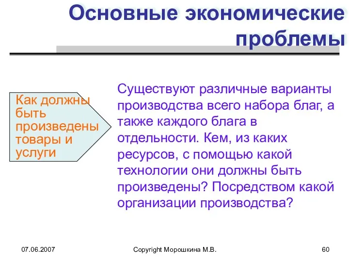 07.06.2007 Copyright Морошкина М.В. Основные экономические проблемы Существуют различные варианты