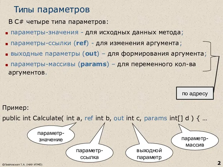 ©Павловская Т.А. (НИУ ИТМО) Типы параметров В С# четыре типа