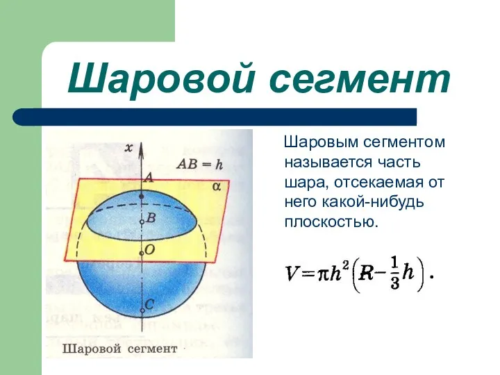 Шаровой сегмент Шаровым сегментом называется часть шара, отсекаемая от него какой-нибудь плоскостью.