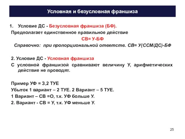 Условная и безусловная франшиза Условие ДС - Безусловная франшиза (БФ).