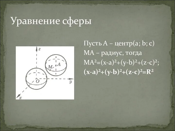 Уравнение сферы Пусть A – центр(a; b; c) MA – радиус, тогда MA²=(x-a)²+(y-b)²+(z-c)²; (x-a)²+(y-b)²+(z-c)²=R²