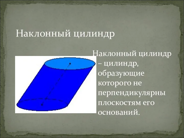 Наклонный цилиндр Наклонный цилиндр – цилиндр, образующие которого не перпендикулярны плоскостям его оснований.