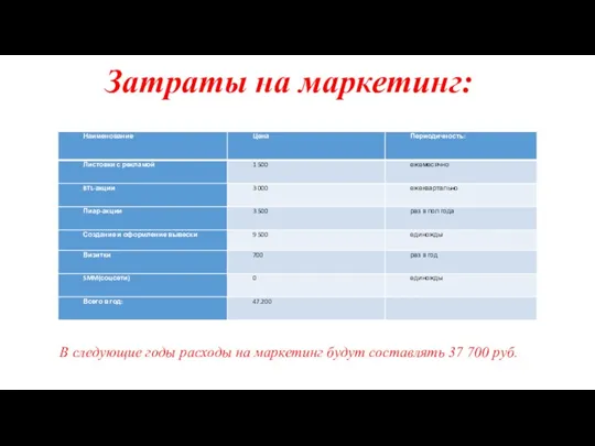 Затраты на маркетинг: В следующие годы расходы на маркетинг будут составлять 37 700 руб.